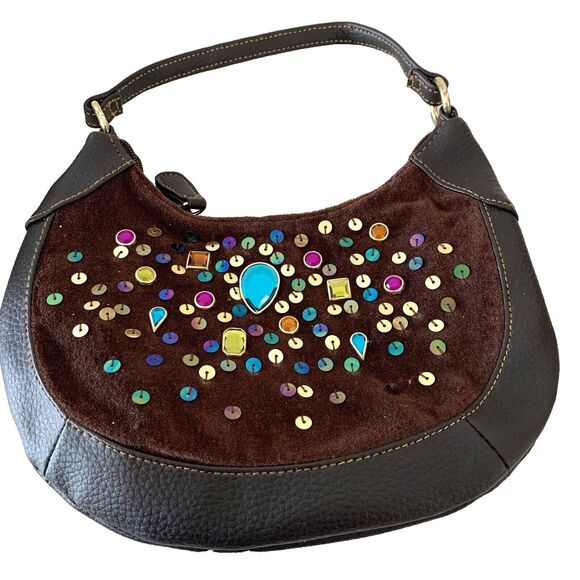 VTG Avon Handbag Colorful Rhinestones on Felt Leather Back 9"Wx11"H Bohemian - Picture 1 of 7